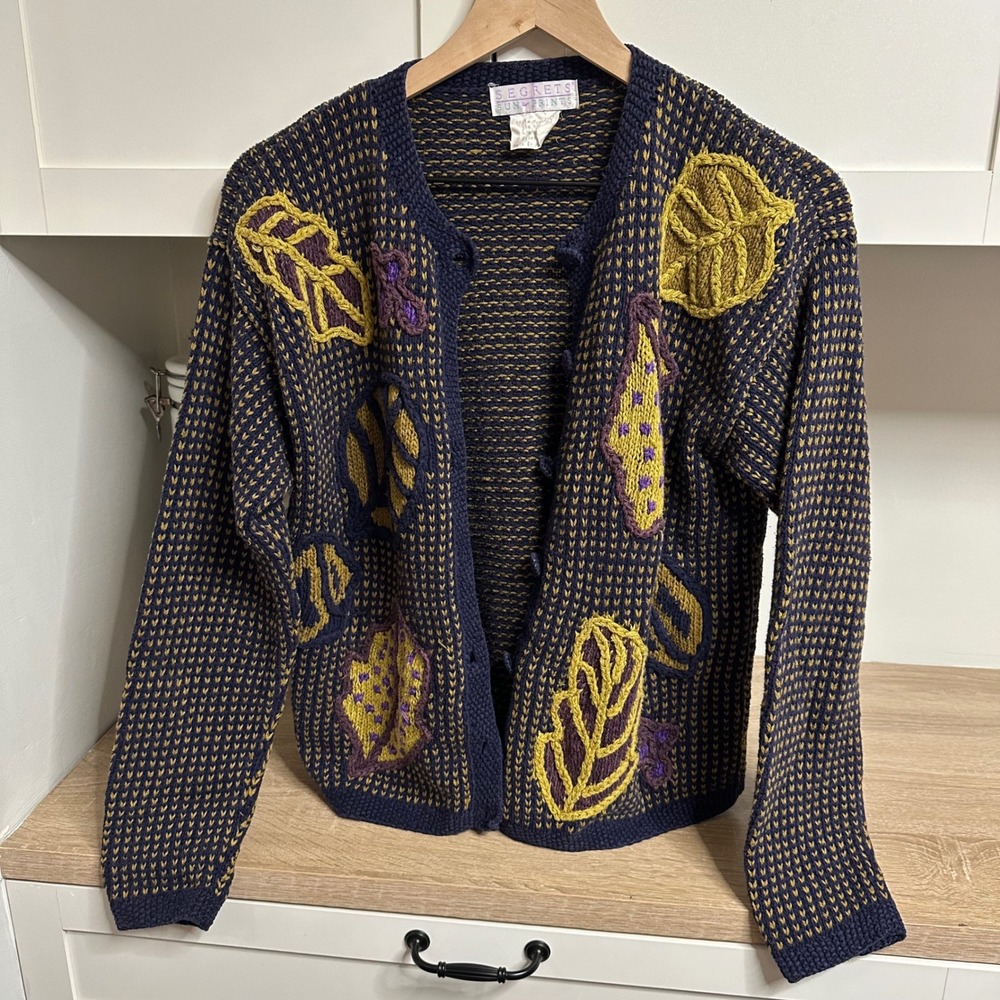Vtg 90s Grandmacore Hand Knit Leaf Cardigan Sweater M Art to Wear Segrets Sun